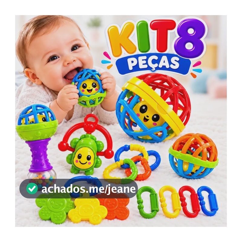 Kit Chocalhos Mordedores Bebê 8 Peças Estímulo Motor Criança Colorido Animais E Formas Geométricas