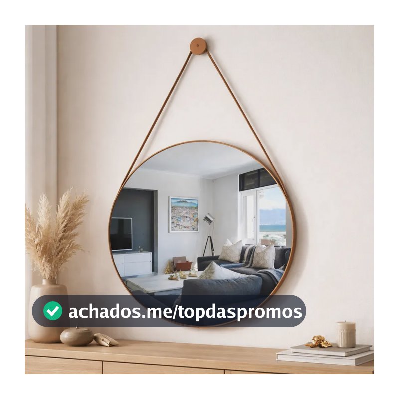 Espelho Adnet Decorativo Redondo Alça Couro 60cm Caramelo