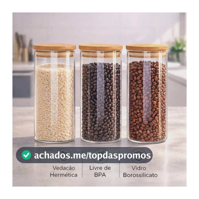 Kit 3 Potes De Vidro Herméticos Com Tampa De Bambu De 1 L Para Mantimentos Alimentos Grãos Café Massas Cereais Cozinha Com Vedação Hermética Vidro Borossilicato Bpa Free Transparente