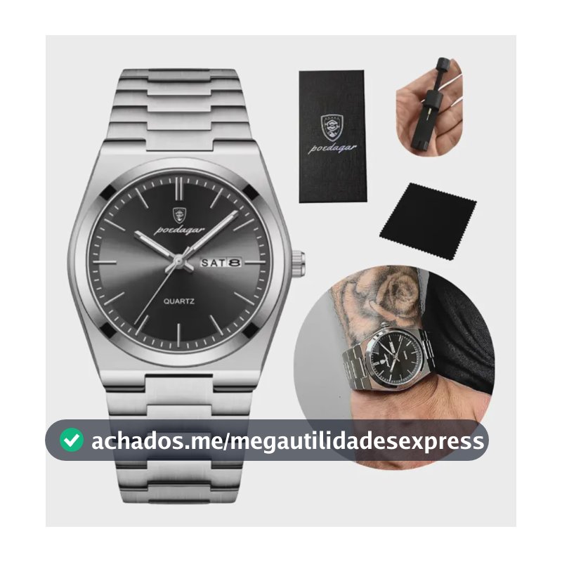 Relógio Poedagar Suiço  Masculino Aço Inox Old Money C/caixa Prateado Preto