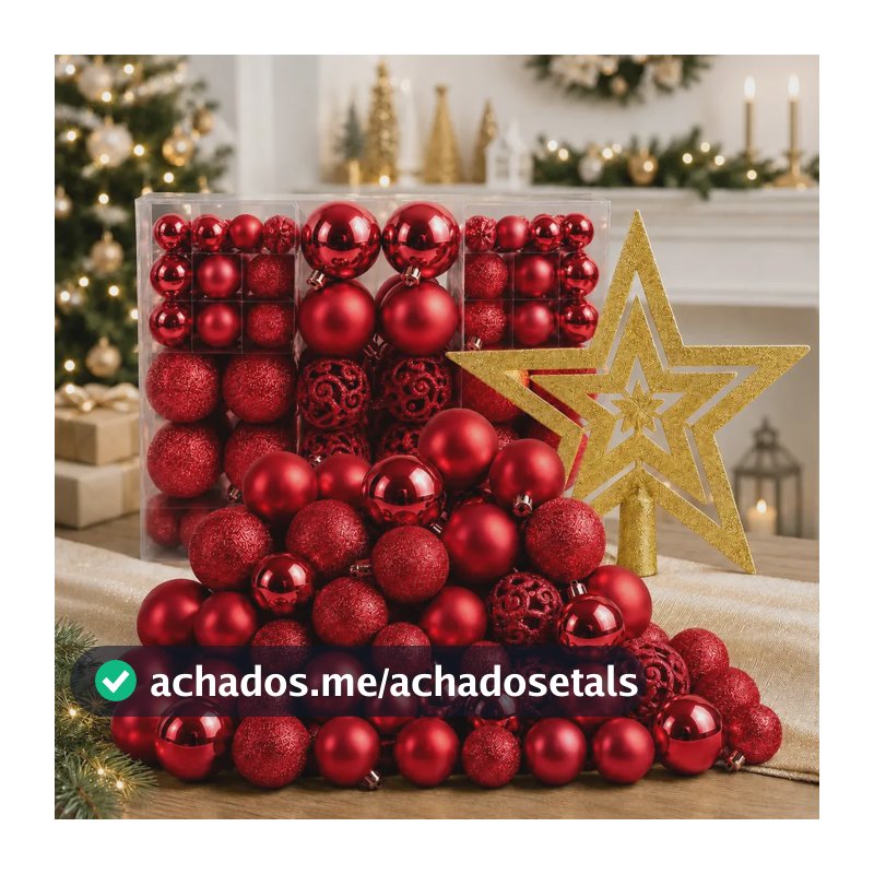 Kit 100 Bolas + Estrela Pendentes P/ Decoração Árvore De Natal Bolinhas Dekasa Premium Lisas/foscas/glitter - Vermelho