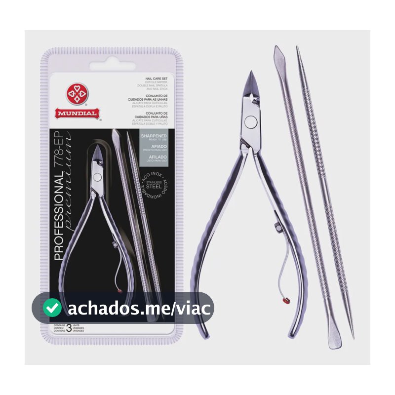 Kit Alicate + Palito + Empurrador Inox de Cutícula Professional 778EP Mundial Personal Care