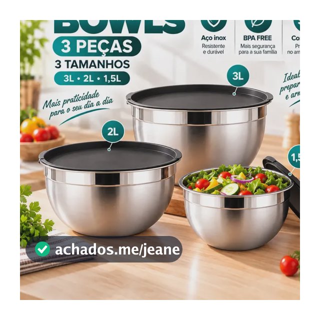 Kit3 Conjunto Pote Tigela Bowls Inox Com Tampa Hermética Prateado