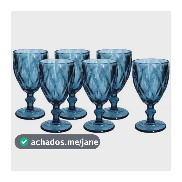 Jogo 6 Taça Vidro Decorado Textura Diamante Grossa 300ml Cor Azul