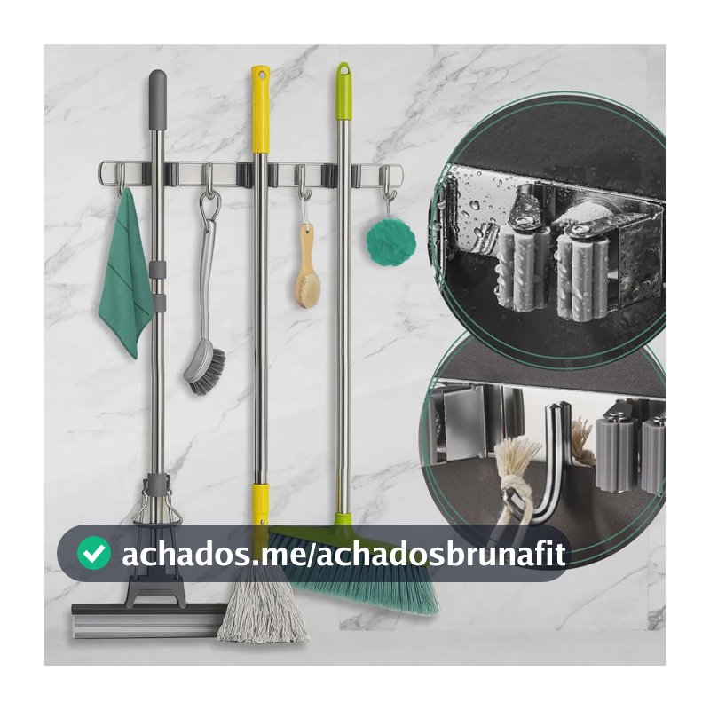 Suporte Inox Pendurar Vassoura Pá Rodo Mop Organizador 7 Acessórios Parede Porta Organização Guardar Área De Serviço Cozinha Garagem Aço Inoxidável Armazenar Interno Externo Hiper Casa Megastore