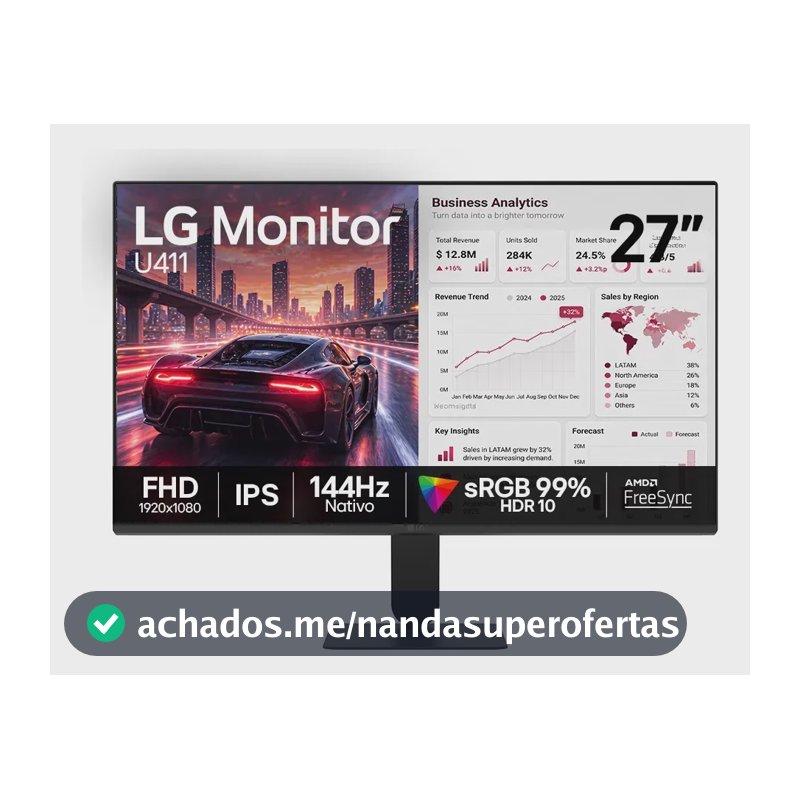 Monitor LG FHD Gamer & Office tela IPS 27”, 1ms (MBR), 144Hz Nativo, FreeSync, HDR10, sRGB, Modo leitura, Flicker Safe, HDMI, Black Stabilizer, Dynamic Action Sync, Preto - 27U411B