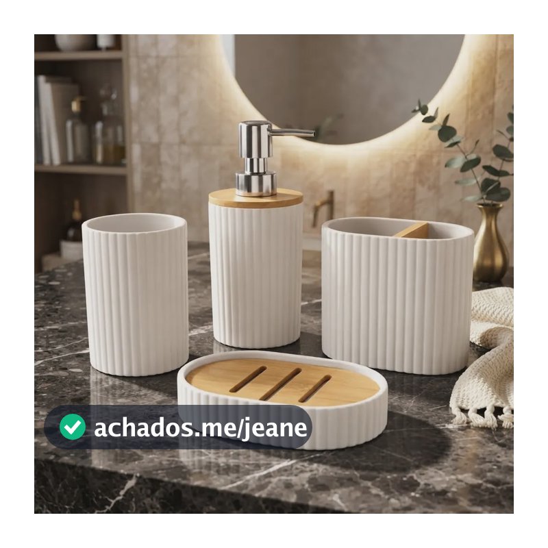 Kit Bambu Banheiro 4 Peças Lavabo Pia Porta Escova Dispenser Branco