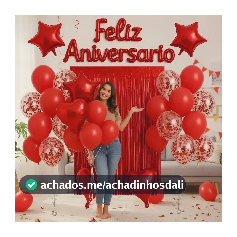 Kit Balão Feliz Aniversário Decoração Festa Cortina E Faixa Vermelho