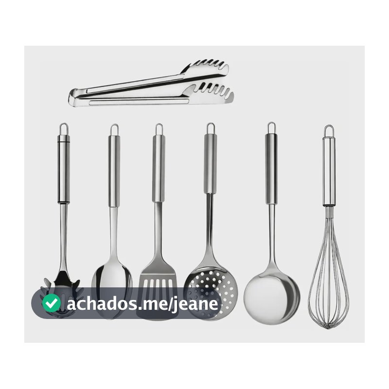 Kit 7 Peças Em Inox Escumadeira Concha Espátula E Muito Mais Aço Inox