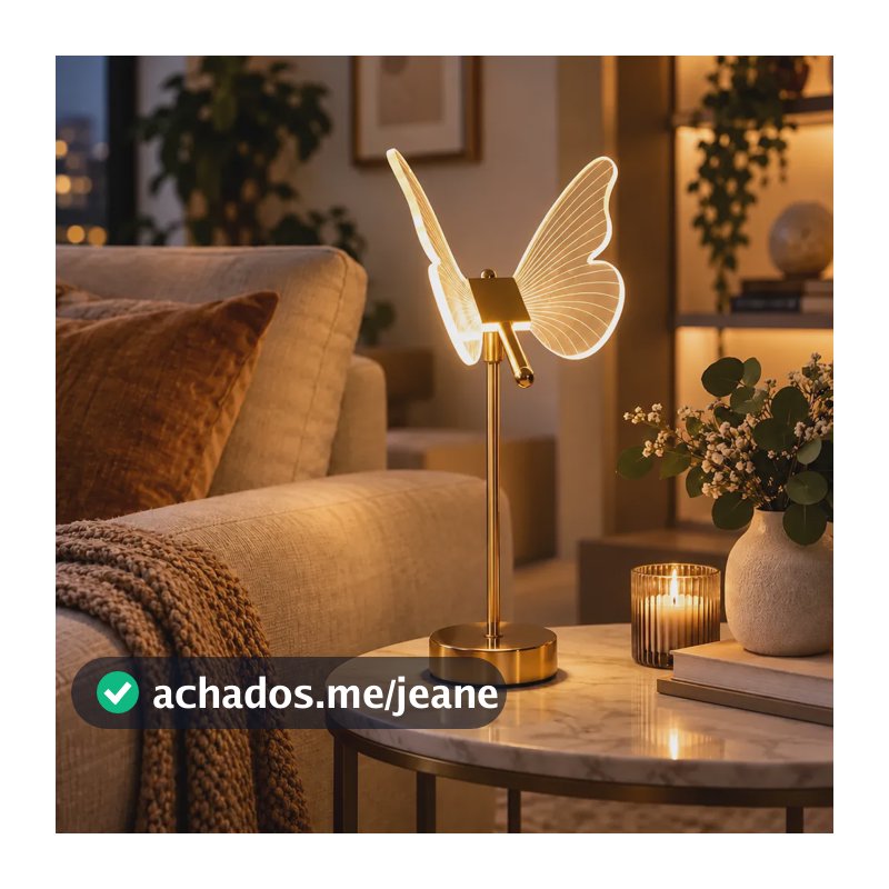 Luminária De Mesa Borboleta Abajur Led Dimerizável De Quarto Dourado