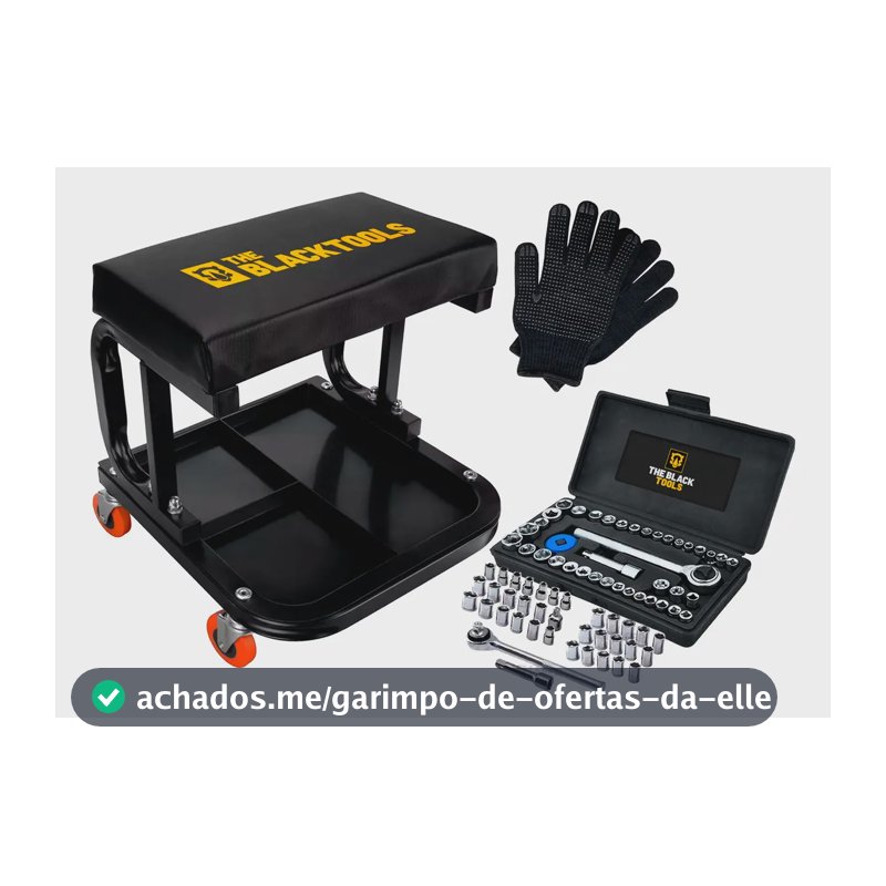 Banqueta Banquinho Mecânico Assento Fixo Até 140kg Oficina Bbm100 The Black Tools + Jogo Soquetes 40 Peças E Luva
