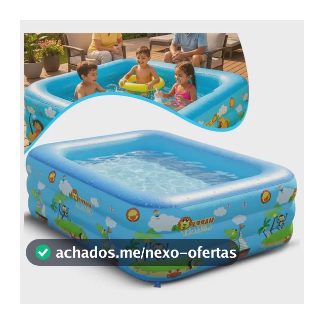 Piscina Infantil Inflável 460l Grande Retangular Pvc Reforçada 3 Anéis Criança Diversão No Verão Azul