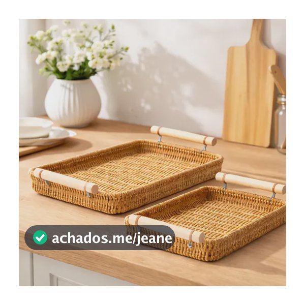 Kit 2 Bandejas Plástica Trançada Café Fruteira Multiuso Alça Marrom