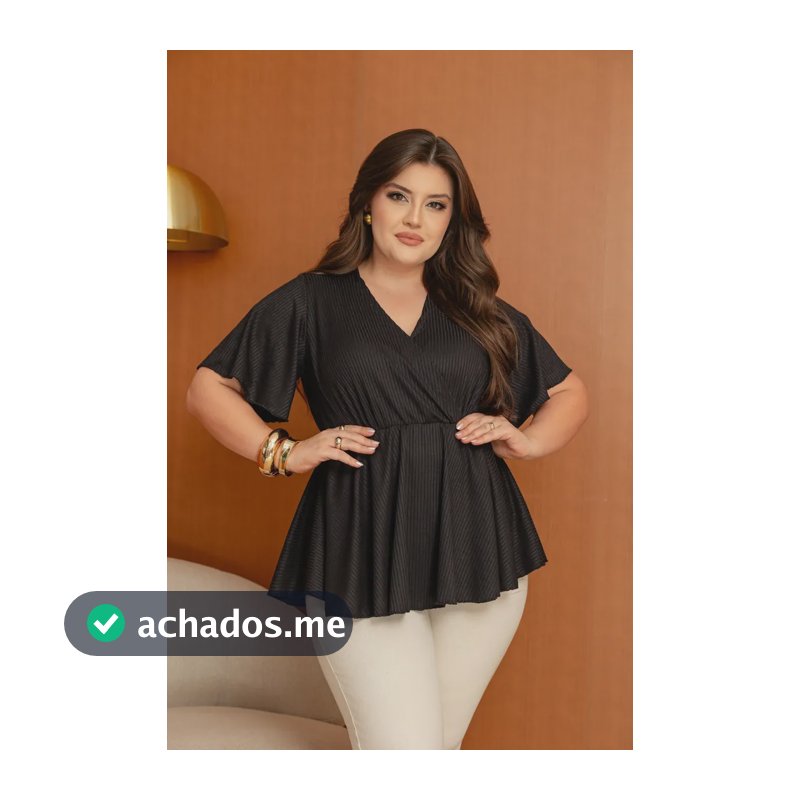 Blusa Plus Size Batinha Decote V Soltinha Manga Curta Preto Liso G1