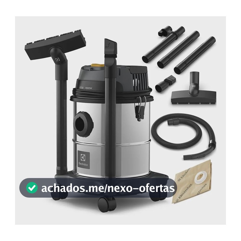 Aspirador de Pó e Água Electrolux 1500W de Potencia Capacidade 12L total 8,5L útil função sopro compacto líquidos químicos protetor térmico GT12i inox
