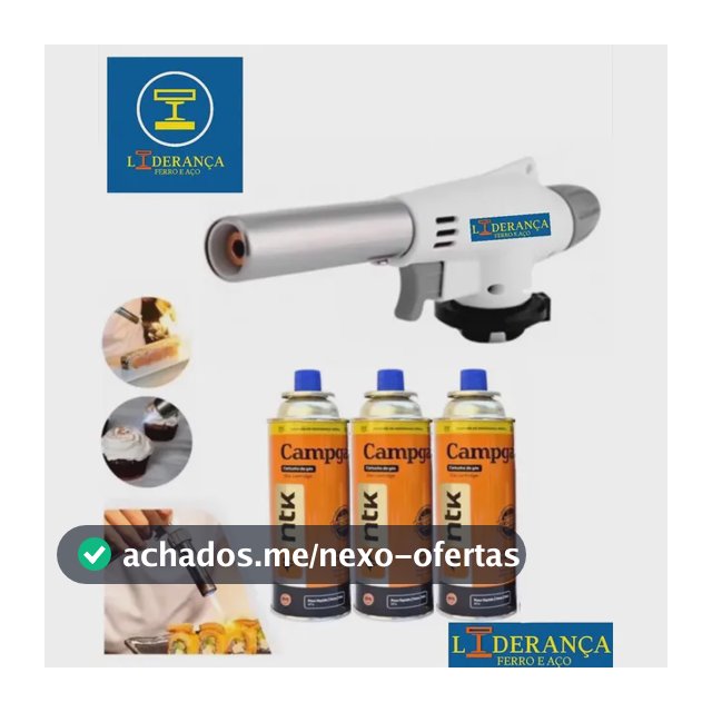 Maçarico Profissional Universal Multiuso Gourmet Portátil Com Regulagem De Chamas Kit Completo Com 3 Refil Para Chef De Cozinha Confeiteiro Flambar Solda Marca - Liderança Ferro E Aço