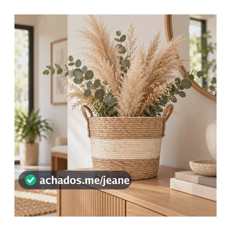 Cesto Cachepô Redondo de Palha Artesanal com Alças para Decoração