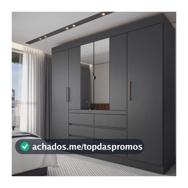 Guarda-roupa Casal Honey 4 Portas 6 Gavetas Com Espelho Preto/Amêndola