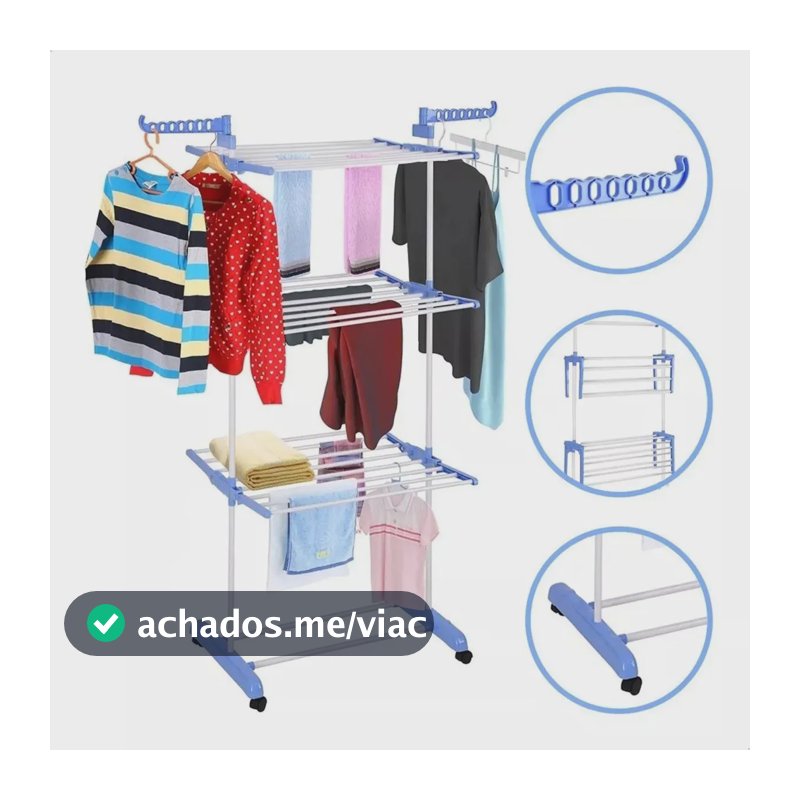 Varal De Chão Grande De Roupas 3 Andares Dobrável Cor Azul Kontuz 170 cm