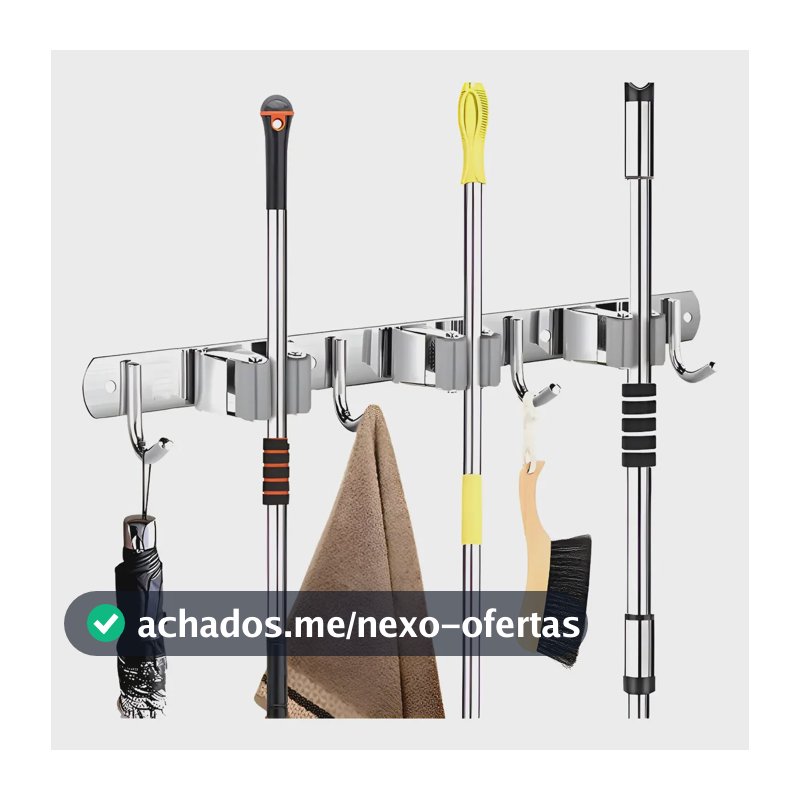 Suporte Vassoura Inox Parede Mop Rodo 7 Organizador Pano