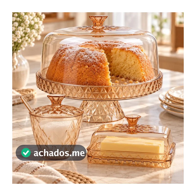 Boleira Alta Com Pé Com Manteigueira E Açucareiro Com Tampa Acrílico Resistente Âmbar Mesa Posta Ou Confeitaria