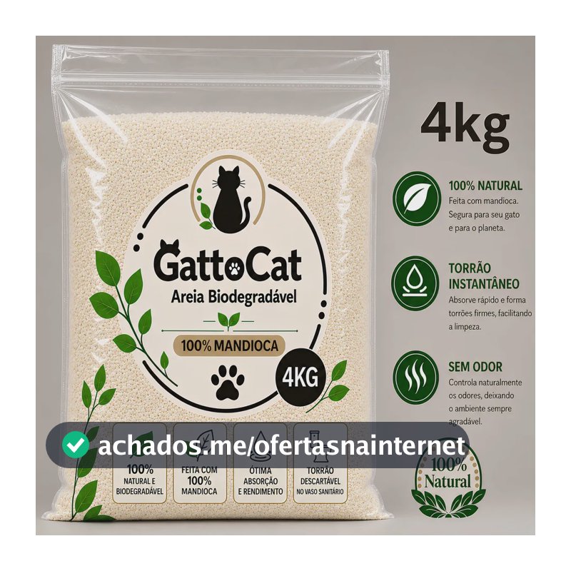 Areia Higiênica Biodegradável para Gatos 4kg 100% Mandioca Fina Torrão Instantâneo Zero odor Sanitária GattoCat