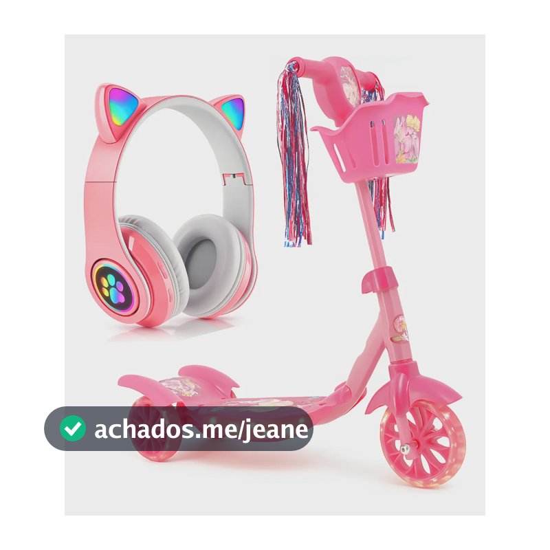 Patinete Princesa Sereia 3 Rodinhas Luz E Som + Fone Gatinho Rosa Bluetooth Brinde
