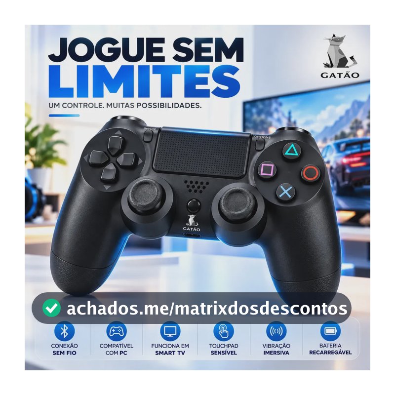 Controle Sem Fio Bluetooth Para P4 Joystick Gamepad Manete Gamer Compatível PC Notebook Smart TV Android Celular Touchpad Vibração Bateria Recarregável Entrada P2 Preto Gatão