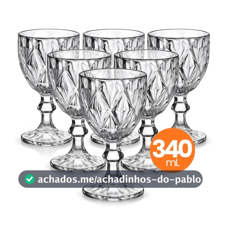 Jogo 6 Taças Vidro Diamond 340ml Conjunto Mesa Posta Água Suco Cozinha Decoração Presente
