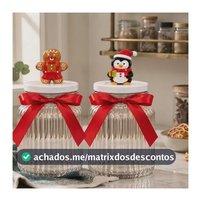Kit 2 Potes De Vidro Natalinos 950ml Tampa Cerâmica Biscoito Pinguim