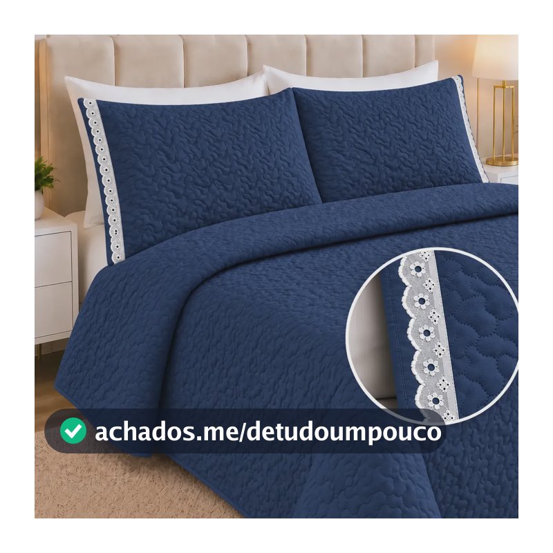Kit Cobre Leito Casal Dupla Face Colcha 3 Peças 200 Fios Marinho