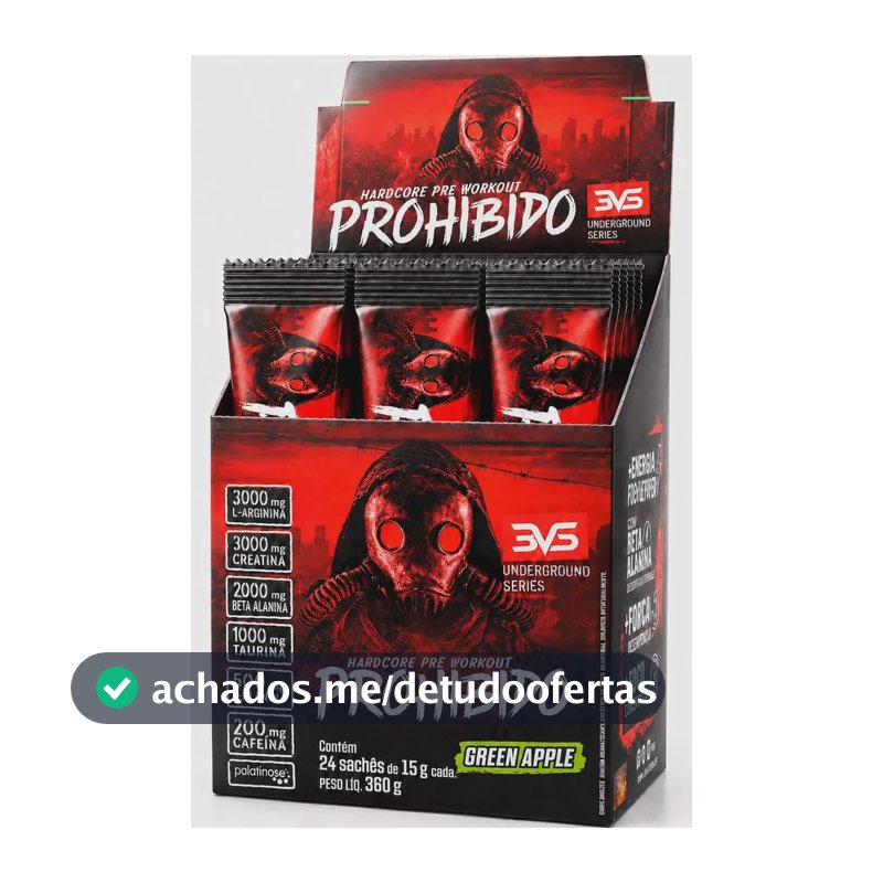 PRÉ TREINO PROHIBIDO 24 Sachês dose individual com 15g cada - Sabor: Green Apple - Fórmula Exclusiva com 11 ingredientes