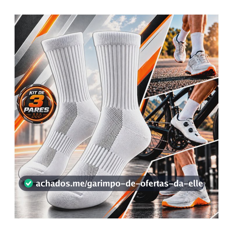 Kit 3 Pares Meias Poliamida Esportiva Corrida Bike Academia Branco Lisa 35-44