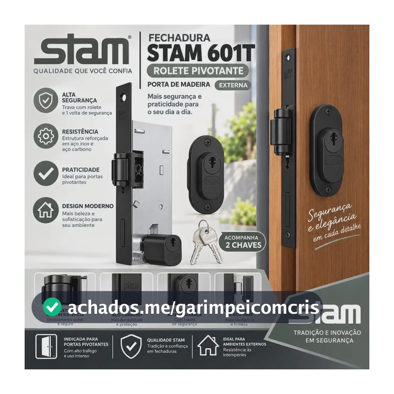 Fechadura Rolete Stam 601 Pivotante Preto Perfil Estreito