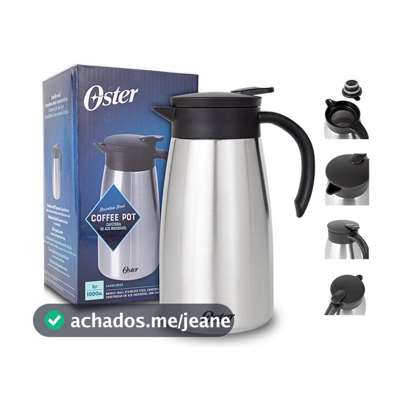 BULE TÉRMICO 1000 ML CASSELBECK OSTER - CORPO EM AÇO INOXIDÁVEL, ALÇA EM BAQUELITE ANTITÉRMICO, BICO DOSADOR COM GATILHO DE LIBERAÇÃO