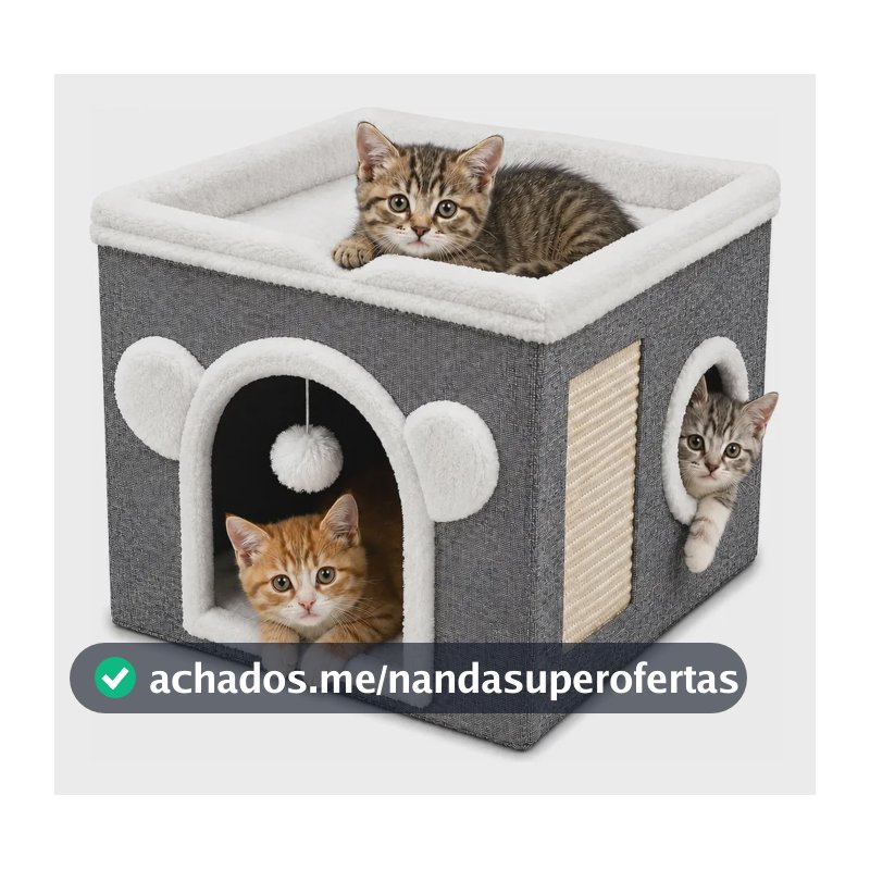 Casinha Dobrável Para Gatos 2 Andares Com Arranhador Sisal Cinza
