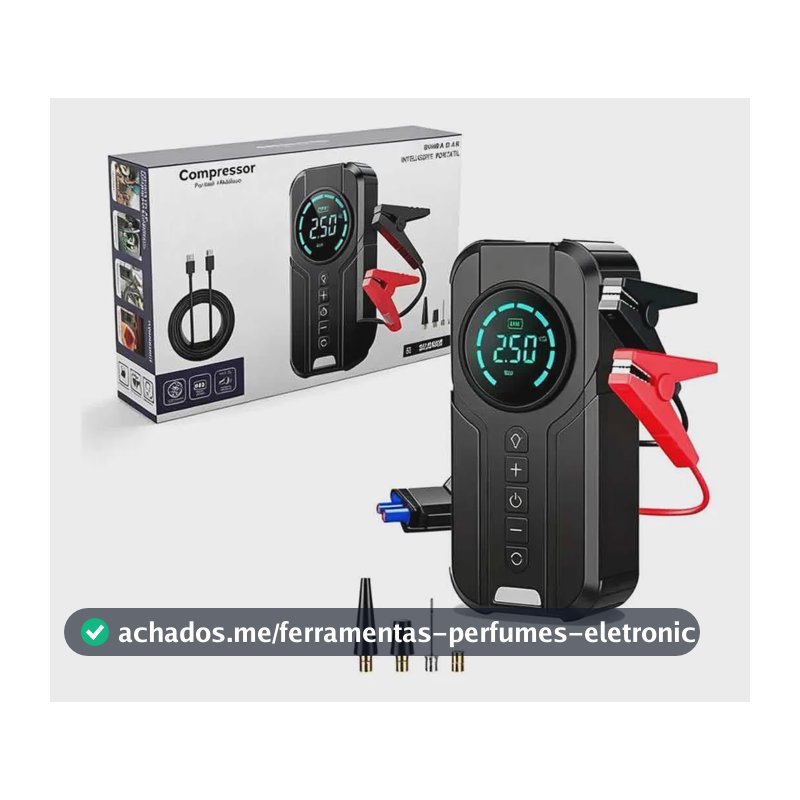 Compressor De Ar Portátil Auxiliar Partida Digital 4 Em 1 Preto 127/220v