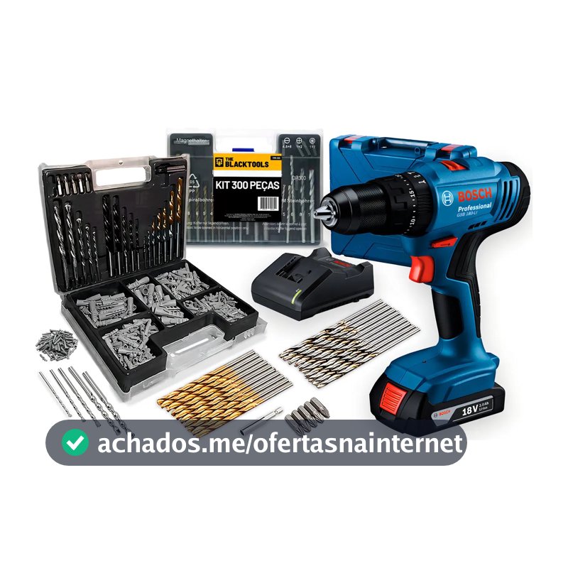 Parafusadeira E Furadeira De Impacto Bosch A Bateria 18v Maleta - Gsb 183-li Com Kit Brocas Buchas E Bits 300 Peças
