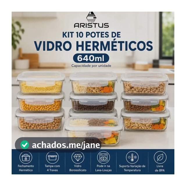 Kit 10 Potes Vidro Hermético Aristus 640ml Marmita Anti Vazamento Forno Micro-ondas Freezer Tampa 4 Travas - Branco