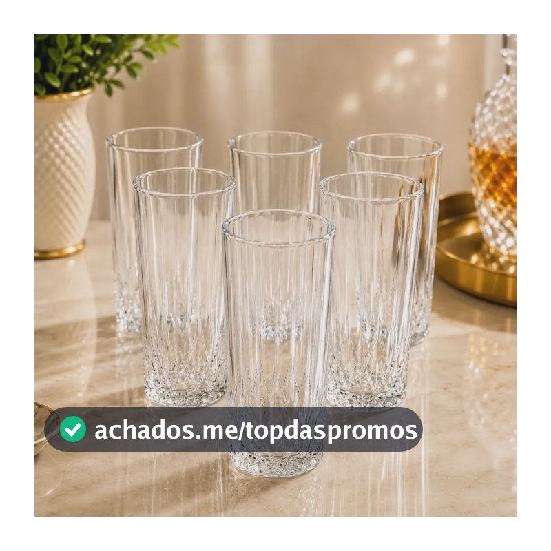 Jogo 6 Copos de Vidro Lapidado Valência 260ml EPM IMPORTS Kit 6 Copos Transparentes para Água Suco Refrigerante Drinks Copo Alto Resistente Alta Qualidade