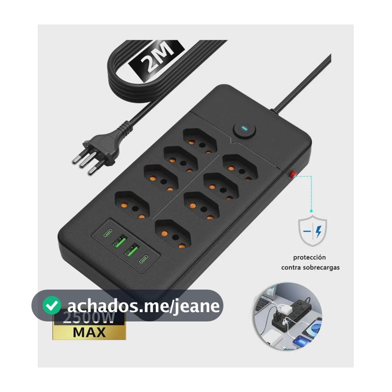 Filtro de Linha com 8 Tomadas, 2 USB e 2 PD, Cabo de 2 Metros para Proteção de Sobrecarga, 2500W