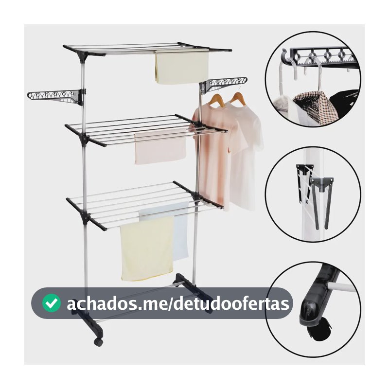 Varal de Chão Dobrável KONTUZ 3 Andares e Rodinhas