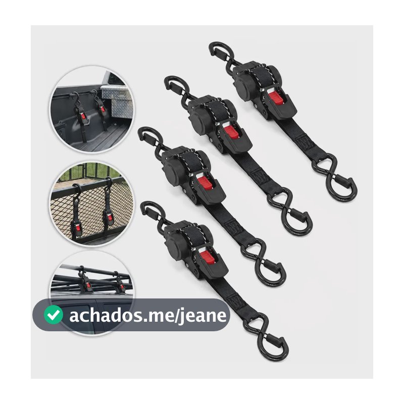 Kit 4 Cinta Catraca Automática Fita Retrátil 800 Kg 3.6m Preto