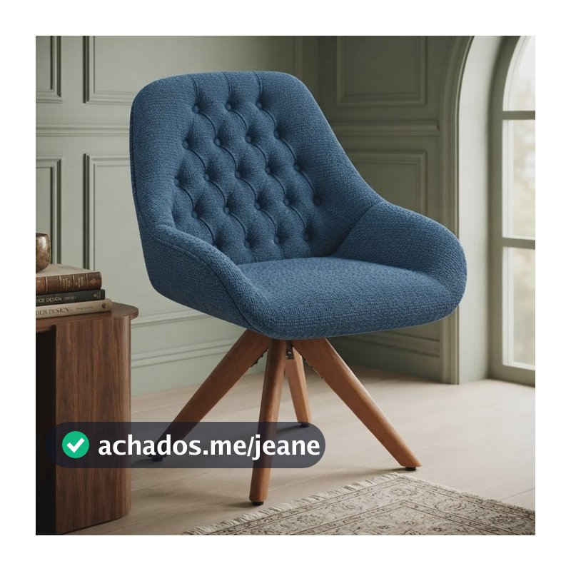 Poltrona Decorativa Hortência Capitonê Giratorio Em Madeira Linho Azul
