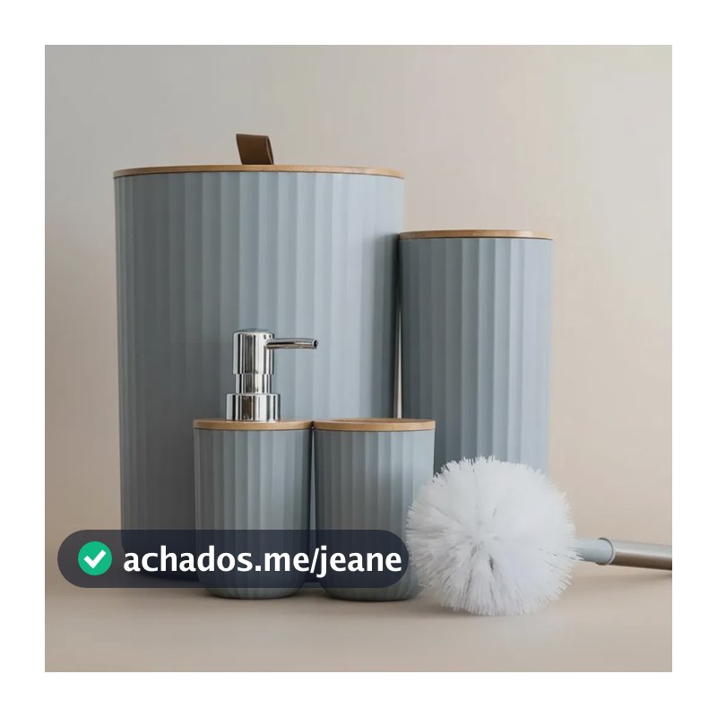 Kit Banheiro Lavabo Bambu 4 Peças Lixeira Escova Dispenser Cinza