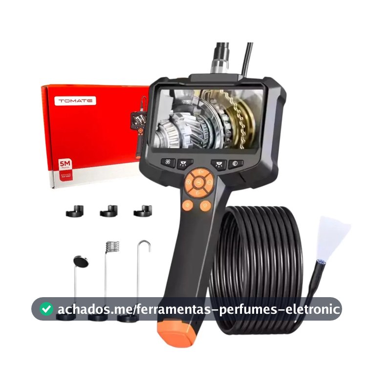 Câmera Inspeção Industrial 5 Metros Full Hd 4.3 Borescópio Tomate MDC-040 9 Luzes Ângulo 70° Resolução 1080p IP67 À Prova D'Água Bateria Recarregável Cabo Cobre Espelho Gancho Fivelas