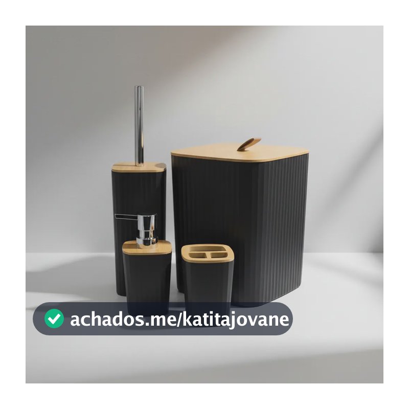 Kit Banheiro Bambu Completo Lixeira Porta Escova Sabonete Quadrado Preto
