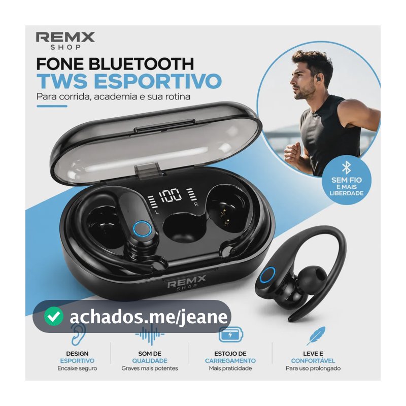 Fone Bluetooth 5.3 TWS Esportivo Gancho Microfone Display LED Resistente à Água Ergonômico Esportivo Resistente A Água Display Digital Led Bateria Longa Duração Compatível diversos Celulares Remx Shop