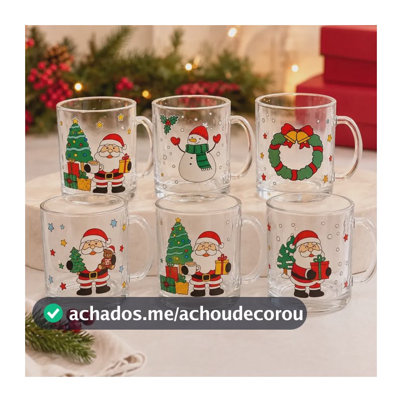 Kit 6 Canecas De Natal Vidro 330ml C Caixa Presente Pnoel