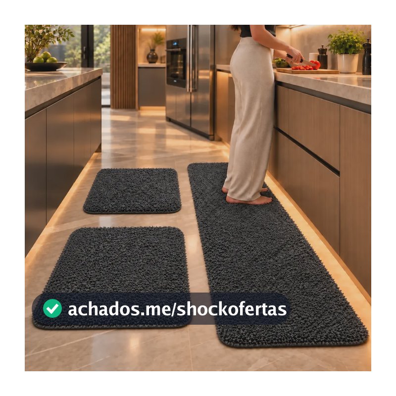 Tapete Cozinha Quarto Soft Jogo 3 Peças Antiderrapante Macio 1.2 M 40 Cm Cinza